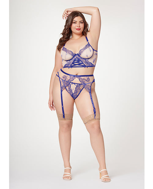 Sheer Stretch Mesh w/Floral Contrast Embroidery Bustier, Garter Belt &amp; Thong Blue/Nude 3X/4X