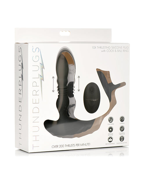 ThunderPlugs 10X Thrusting Silicone Vibrator w/Cock &amp; Ball Strap &amp; Remote - Black